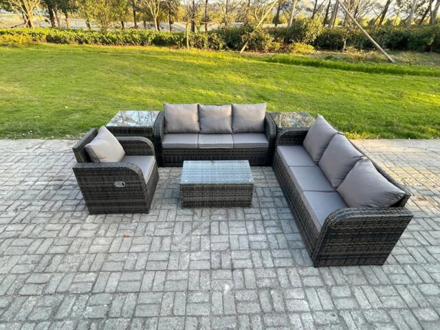 Rackhams 7-Seater Rattan Garden Sofa Set - Dark Grey Mixed Outdoor Patio Table & Chairs Set with 3-Seater Sofa & Reclining Chair - image 1