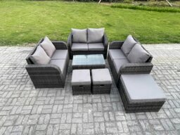 Rackhams Outdoor Garden Furniture Sets 9 Seater Wicker Rattan Furniture Sofa Sets with Rectangular Coffee Table Love Sofa 3 Footstools Dark Grey Mixed - thumbnail 1