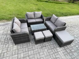 Rackhams Outdoor Garden Furniture Sets 9 Seater Wicker Rattan Furniture Sofa Sets with Rectangular Coffee Table Love Sofa 3 Footstools Dark Grey Mixed - thumbnail 2