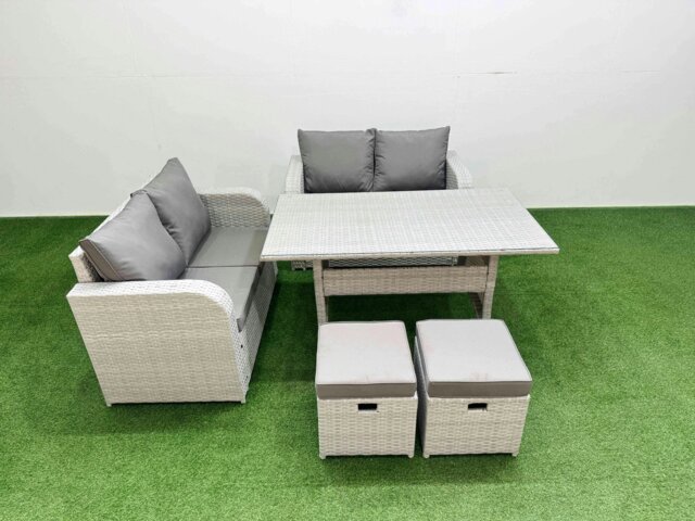 Rackhams 6 Seater Outdoor Love Sofa Set Rattan Garden Furniture Set with Rectangular Dining Table 2 Small Stools Light Grey - image 1