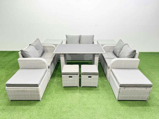Rackhams 10 Seater Patio Garden Furniture Sets with Black Glass Top Dining Table Love Sofa 4 Stools Light Grey - image 1