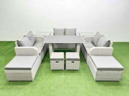 Rackhams 10 Seater Patio Garden Furniture Sets with Black Glass Top Dining Table Love Sofa 4 Stools Light Grey - thumbnail 1