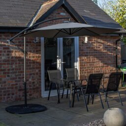 Rackhams Outdoor 4 Person Rectangular Glass Top Garden Dining Table Chairs With Grey Banana Parasol and Base - Outdoor Furniture Sets
