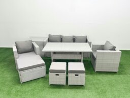 Rackhams Garden Dining Set Outdoor Rattan Furniture Set with Sofa Dining Table 2 Chairs 3 Footstools Side Table Light Grey Mixed - thumbnail 1