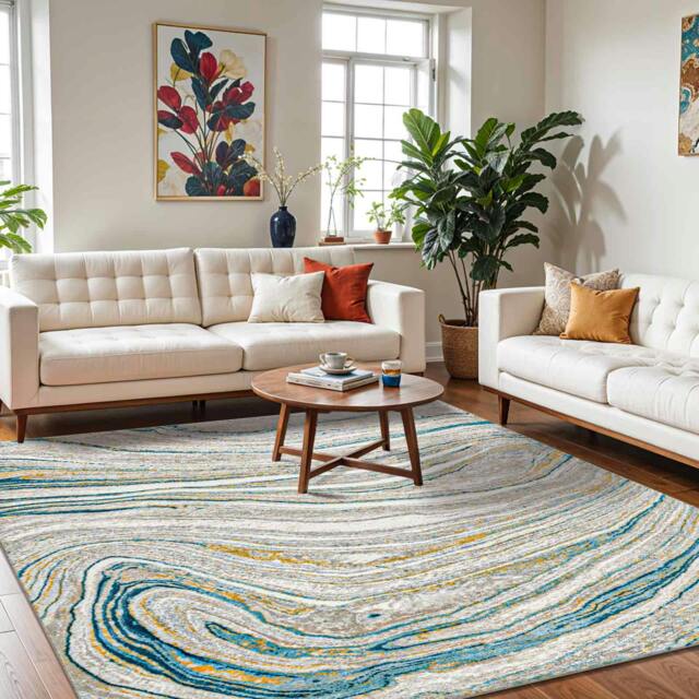 Rackhams San Francisco-Modern Blue Grey Yellow Graphic Rug - 120 x 170 cm - image 1