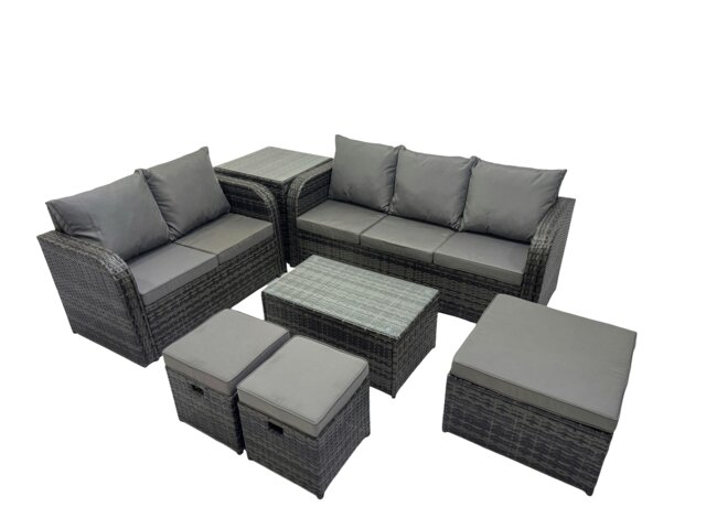Rackhams Outdoor Love Sofa 3 Seater Sofa Coffee Table Set Garden Rattan Furniture Set 8 Seater with Side Table 3 Stools Dark Grey - image 1