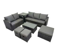 Rackhams Outdoor Love Sofa 3 Seater Sofa Coffee Table Set Garden Rattan Furniture Set 8 Seater with Side Table 3 Stools Dark Grey - thumbnail 1