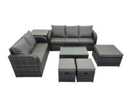 Rackhams Outdoor Love Sofa 3 Seater Sofa Coffee Table Set Garden Rattan Furniture Set 8 Seater with Side Table 3 Stools Dark Grey - thumbnail 2