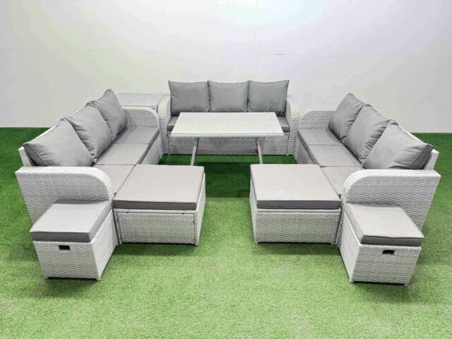 Rackhams Patio Garden Furniture Sets with Dining Table 3 Seater Sofa Side Table 4 Stool Light Grey - image 1