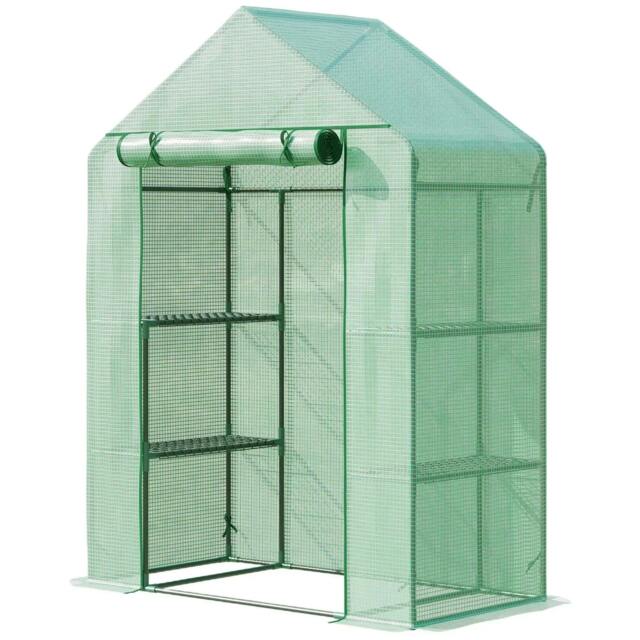 Rackhams Walk In Greenhouse with Shelves, Portable Gardening Plant Grow House for Outdoor with 2 Tier Shelf, Roll-Up Zippered Door, PE Cover, Green - image 1