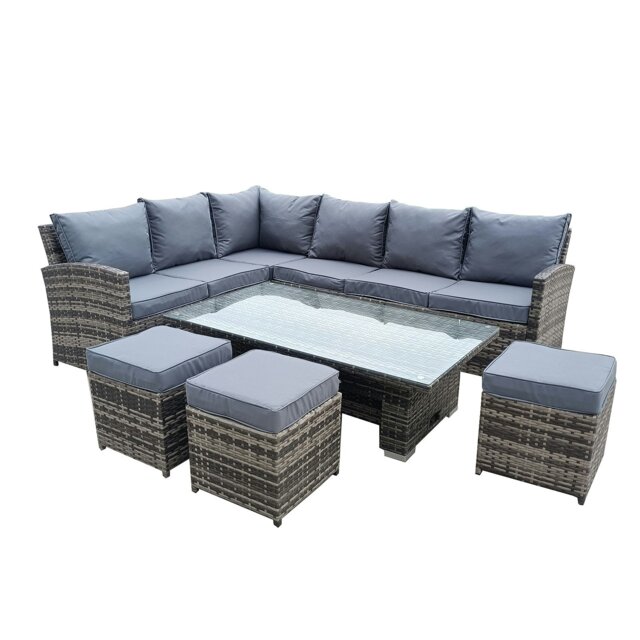 Rackhams 9 Seater Rattan Patio Dining Table Set with Table, Padded Corner Sofa, 3 Stool Outdoor Corner Sofa Set, All-Weather Patio Set - Rising Table - image 1