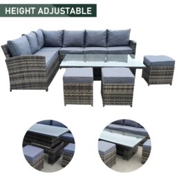 Rackhams 9 Seater Rattan Patio Dining Table Set with Table, Padded Corner Sofa, 3 Stool Outdoor Corner Sofa Set, All-Weather Patio Set - Rising Table - thumbnail 2