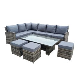 Rackhams 9 Seater Rattan Patio Dining Table Set with Table, Padded Corner Sofa, 3 Stool Outdoor Corner Sofa Set, All-Weather Patio Set - Rising Table - thumbnail 1