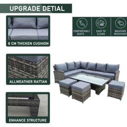 Rackhams 9 Seater Rattan Patio Dining Table Set with Table, Padded Corner Sofa, 3 Stool Outdoor Corner Sofa Set, All-Weather Patio Set - Rising Table - thumbnail 6