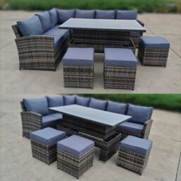 Rackhams 9 Seater Rattan Patio Dining Table Set with Table, Padded Corner Sofa, 3 Stool Outdoor Corner Sofa Set, All-Weather Patio Set - Rising Table - thumbnail 3