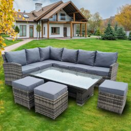 Rackhams 9 Seater Rattan Patio Dining Table Set with Table, Padded Corner Sofa, 3 Stool Outdoor Corner Sofa Set, All-Weather Patio Set - Rising Table - thumbnail 5
