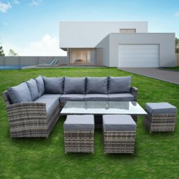 Rackhams 9 Seater Rattan Patio Dining Table Set with Table, Padded Corner Sofa, 3 Stool Outdoor Corner Sofa Set, All-Weather Patio Set - Rising Table - thumbnail 4