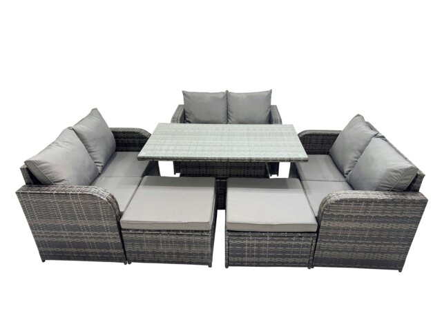 Rackhams 8 seater Patio Height Adjustable Rising Lifting Table Sofa Sets Rattan Garden Furniture Dining Set with 2 Big Stools Dark Grey Mixed - image 1