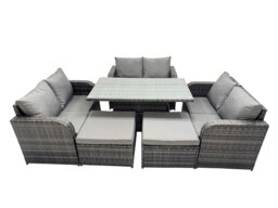 Rackhams 8 seater Patio Height Adjustable Rising Lifting Table Sofa Sets Rattan Garden Furniture Dining Set with 2 Big Stools Dark Grey Mixed - thumbnail 1