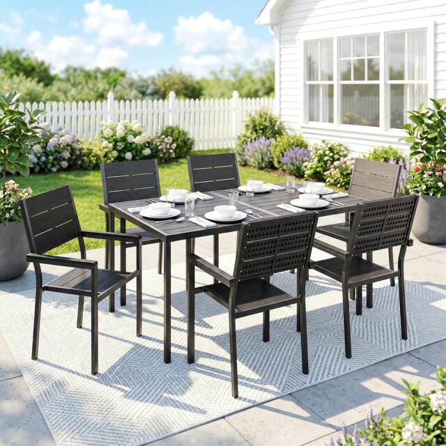 Rackhams 7 Pieces Outdoor Dining Set, Garden Table and Chairs Set, Black - Modern - 160 cm - Assembly required - image 1