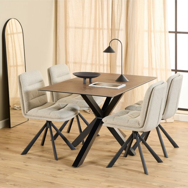 Rackhams Heaven Dining Table with Ceramic Rusty Brown Top 135cm Included 4 Dean Beige Swivel Dining Chair - Black - No - Brown - image 1