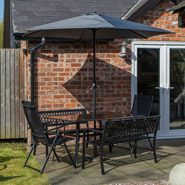 Rackhams Outdoor 6 Person Rectangular Glass Top Garden Dining Table Benches & Chairs With Grey Havana Parasol and Base Set - Outdoor Furniture Sets - image 1