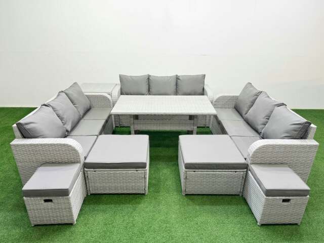 Rackhams PE Rattan Lounge Sofa Set 10 Seater Outdoor Garden Furniture Set with Dining Table 3 Seater Sofa 2 Big Footstools Side Table Light Grey - image 1