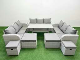 Rackhams PE Rattan Lounge Sofa Set 10 Seater Outdoor Garden Furniture Set with Dining Table 3 Seater Sofa 2 Big Footstools Side Table Light Grey - thumbnail 1