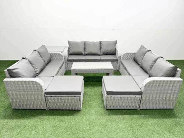 Rackhams PE Rattan Lounge Sofa Set 11 Seater Outdoor Garden Furniture Set with Oblong Coffee Table 3 Seater Sofa 2 Big Footstools Side Table Light Grey - image 1