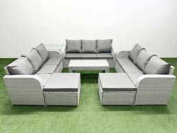 Rackhams PE Rattan Lounge Sofa Set 11 Seater Outdoor Garden Furniture Set with Oblong Coffee Table 3 Seater Sofa 2 Big Footstools Side Table Light Grey - thumbnail 1