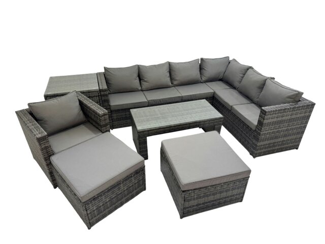 Rackhams Outdoor Rattan Oblong Coffee Table Corner Sofa Sets Garden Furniture Set with Chair 2 Big Stools Side Table Dark Grey Mixed - image 1