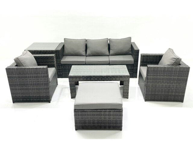 Rackhams Rattan Garden Furniture Set Outdoor Lounger Sofa with Coffee Table 2 Armchair Big Footstool Side Table Dark Grey Mixed - image 1