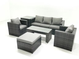 Rackhams Rattan Garden Furniture Set Outdoor Lounger Sofa with Coffee Table 2 Armchair Big Footstool Side Table Dark Grey Mixed - thumbnail 2
