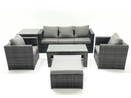 Rackhams Rattan Garden Furniture Set Outdoor Lounger Sofa with Coffee Table 2 Armchair Big Footstool Side Table Dark Grey Mixed - thumbnail 1