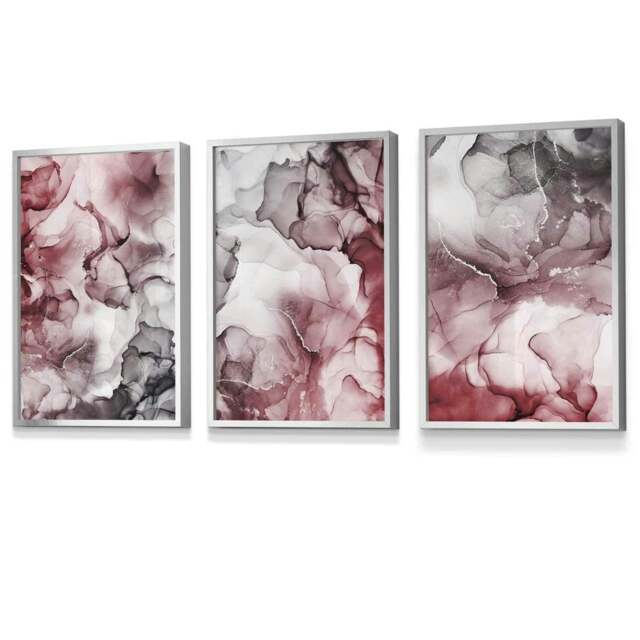 Rackhams Set of 3 Abstract Floral Fluid in Red and Grey Framed Wall Art - 30x42cm (A3) - Silver - image 1