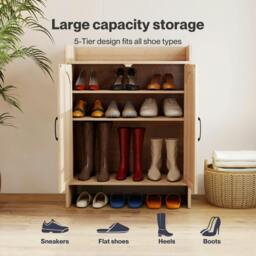 Rackhams Shoe Cabinet 5-Layer Rattan Double Wooden Doors White Entrance Storage - thumbnail 4