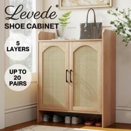 Rackhams Shoe Cabinet 5-Layer Rattan Double Wooden Doors White Entrance Storage - thumbnail 2