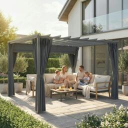 Rackhams 3.6 x 3 m Aluminium Pergola with Retractable Roof Canopy, Curtains - Retractable polyester canopy - 7.6 x 7.6 cm - Aluminium, Polyester - thumbnail 1