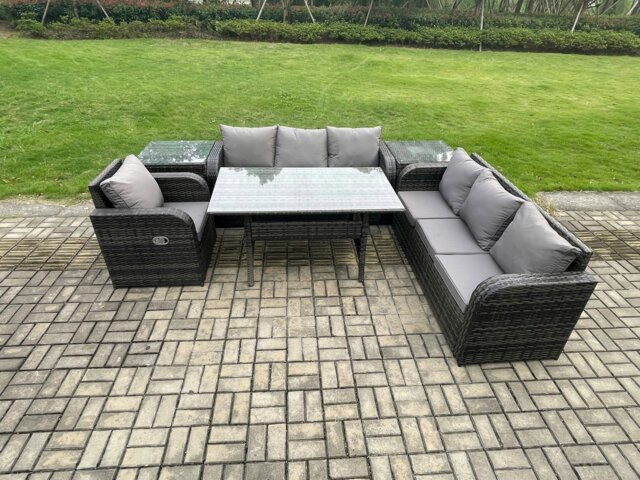 Rackhams 7 Seater Rattan Garden Furniture Set Oblong Rectangular Dining Table and Chairs Set with 3 Seater Sofa 2 Side Tables Dark Grey Mixed - image 1