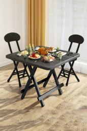 Rackhams 3pcs Folding Table and 2 Chairs Set Indoor Outdoor Bistro Kitchen Dining Set Furniture - Black - thumbnail 2