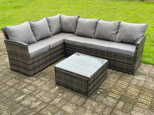 Rackhams High Back Dark Mixed Grey Rattan Corner Sofa Set Outdoor Furniture Square Coffee Table 6 Seater - image 1