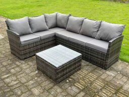 Rackhams High Back Dark Mixed Grey Rattan Corner Sofa Set Outdoor Furniture Square Coffee Table 6 Seater - thumbnail 2