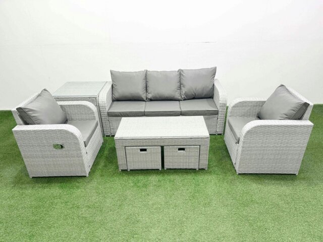 Rackhams PE Rattan Garden Furniture Set Reclining Chair Sofa Lounge Sofa Set Rectangular Coffee Table Side Table 2 Small Stools Light Grey - image 1