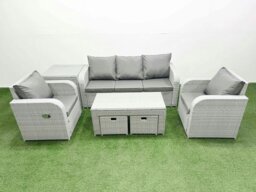 Rackhams PE Rattan Garden Furniture Set Reclining Chair Sofa Lounge Sofa Set Rectangular Coffee Table Side Table 2 Small Stools Light Grey - thumbnail 1
