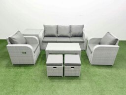 Rackhams PE Rattan Garden Furniture Set Reclining Chair Sofa Lounge Sofa Set Rectangular Coffee Table Side Table 2 Small Stools Light Grey - thumbnail 2