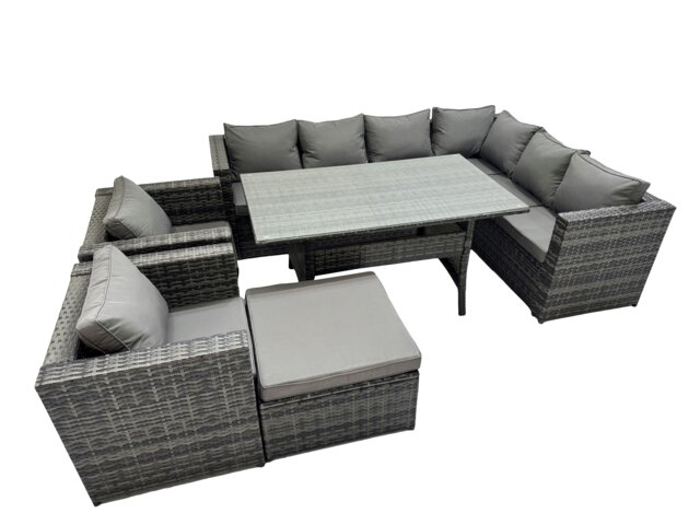 Rackhams Rattan Garden Furniture Set Outdoor 9 Seater Patio Dining Corner Sofa Sets with Dining Table 2 Chairs Big Stool Dark Grey Mixed - image 1
