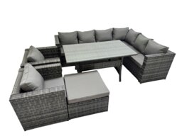 Rackhams Rattan Garden Furniture Set Outdoor 9 Seater Patio Dining Corner Sofa Sets with Dining Table 2 Chairs Big Stool Dark Grey Mixed - thumbnail 1