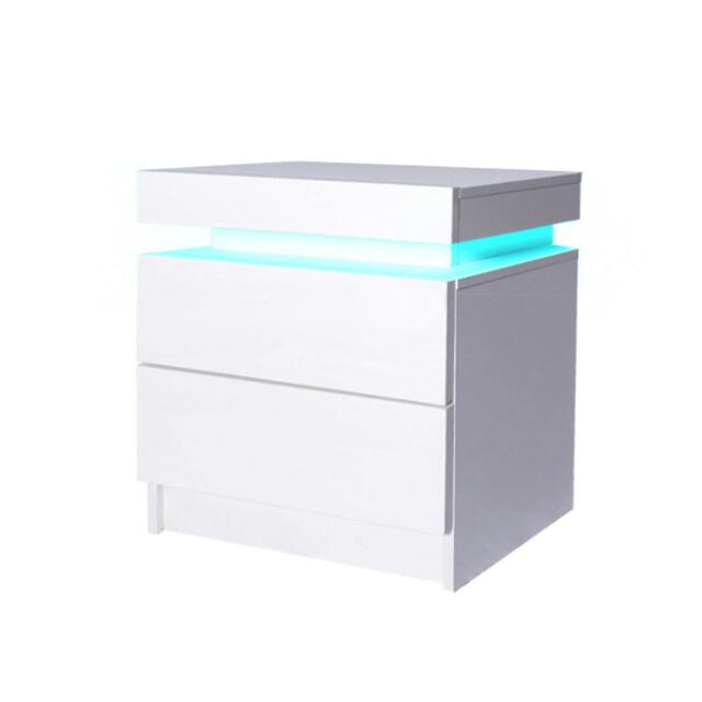 Rackhams Bedside Tables RGB LED Side Table 2 Drawers High Gloss Nightstand Cabinet - image 1