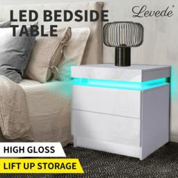 Rackhams Bedside Tables RGB LED Side Table 2 Drawers High Gloss Nightstand Cabinet - thumbnail 2