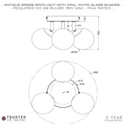 Rackhams Modern Triple Opal Glass Globe IP44 Rated Bathroom Antique Brass Ceiling Light - thumbnail 6